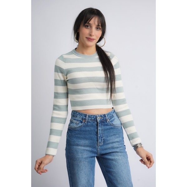 Pull court en maille rayée à manches longues