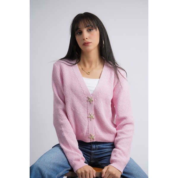 Cardigan rose doux avec bouton étoile de mer