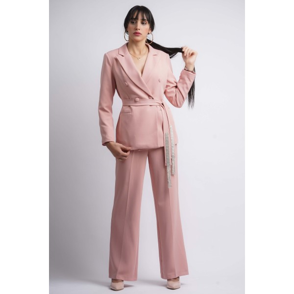 Tailleur-Pantalon Rose Poudré Élégant à Veste Ceinturée avec strass